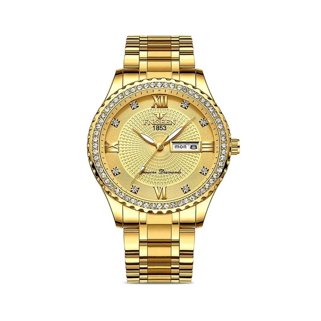 EEEkit Classic Diamond Gold Watches for Men, Stainless Steel Waterproof Dress Watch, Men's Quartz Analog Wristwatch